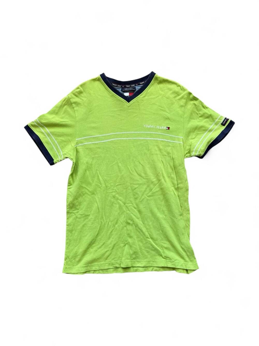 Vintage Tommy Hilfiger Tommy Jeans Lime Green Knit V-Neck Ringer Tee